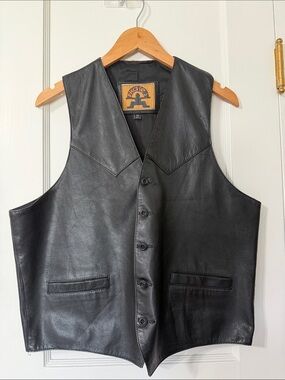 Vintage Black Leather Button-Front Men's Vest by